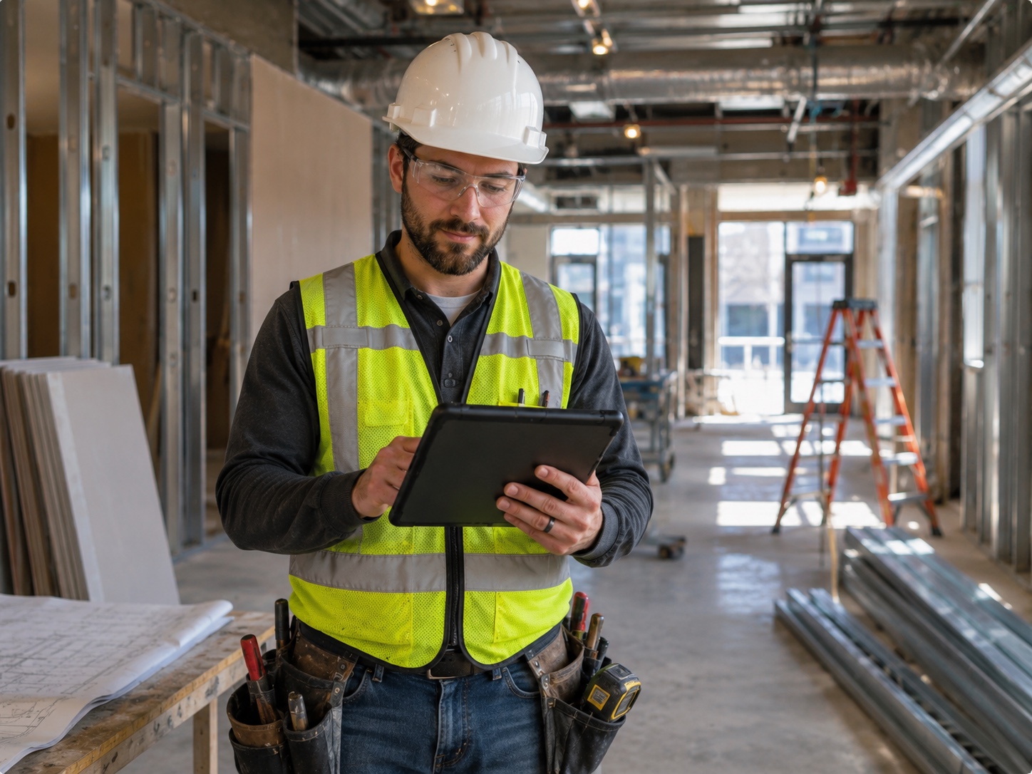 Construction supervisor using a tablet on an active interior jobsite