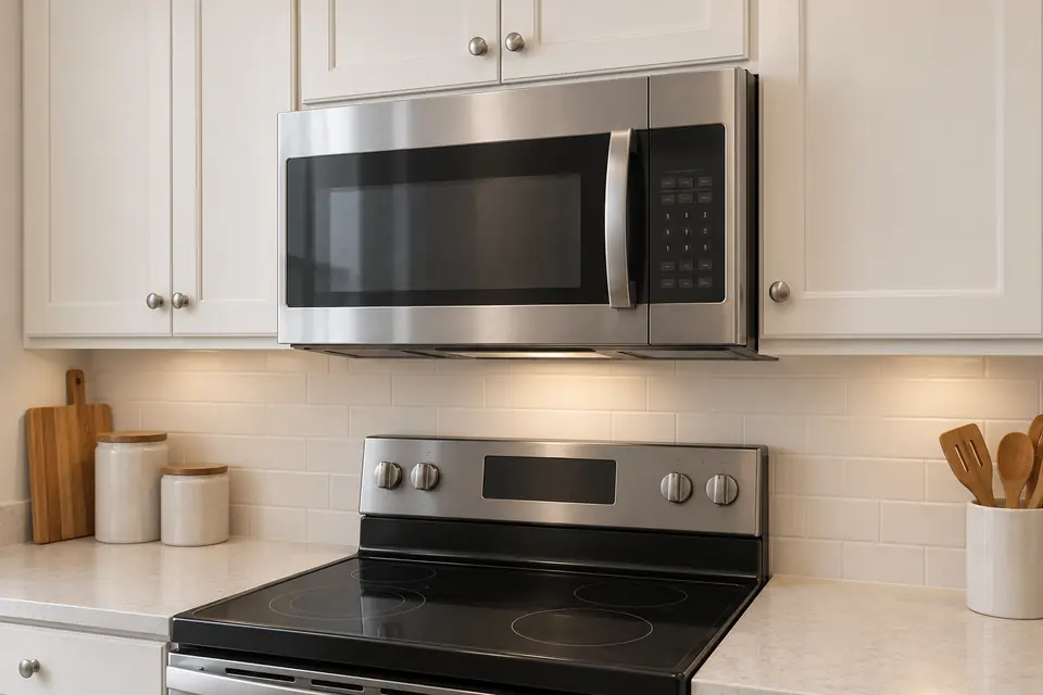 Illustration of a stainless over-the-range microwave fitted beneath an upper cabinet above an electric range.