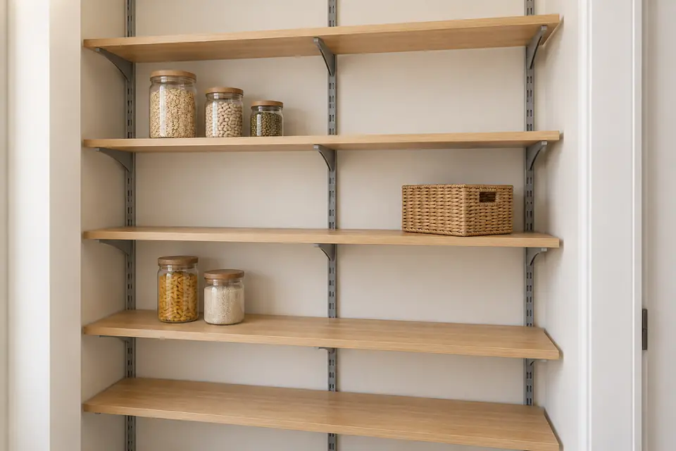 Illustration of wood pantry shelves supported by metal brackets on three vertical adjustable tracks.