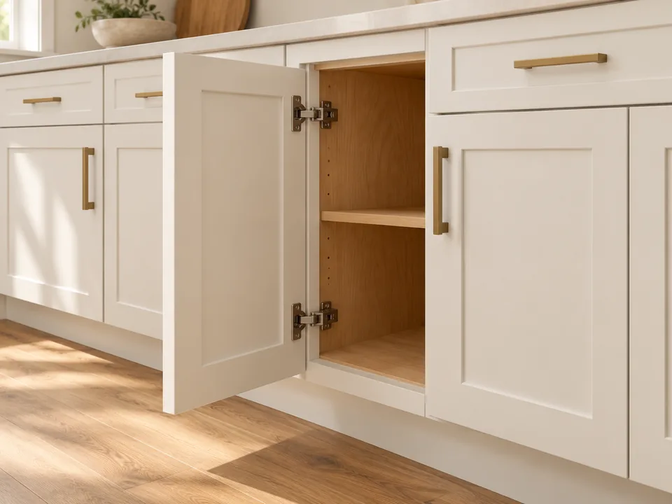 Illustration of cabinet doors, hinges and aligned fronts